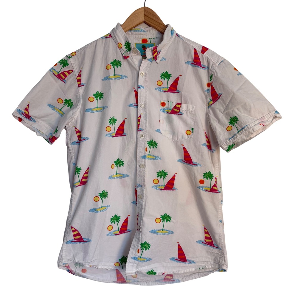 Poches & Fils Sailboat Palm Tree Print White Mens Medium Summer Button Down‎